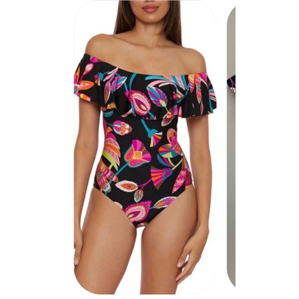 Trina Turk Womens Luminary Ruffle Floral  Off Shoulder One Piece Swimsuit 6 Swim